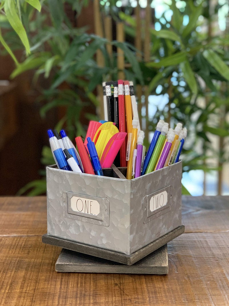 Rae Dunn Rotating Decorative Pencil Cup â€“ Galvanized Steel Desktop Stationary Spinner Holder - 4 Compartment Table Top Organizer for Pens, Office, Home and Art Supplies by Designstyles - Image 4